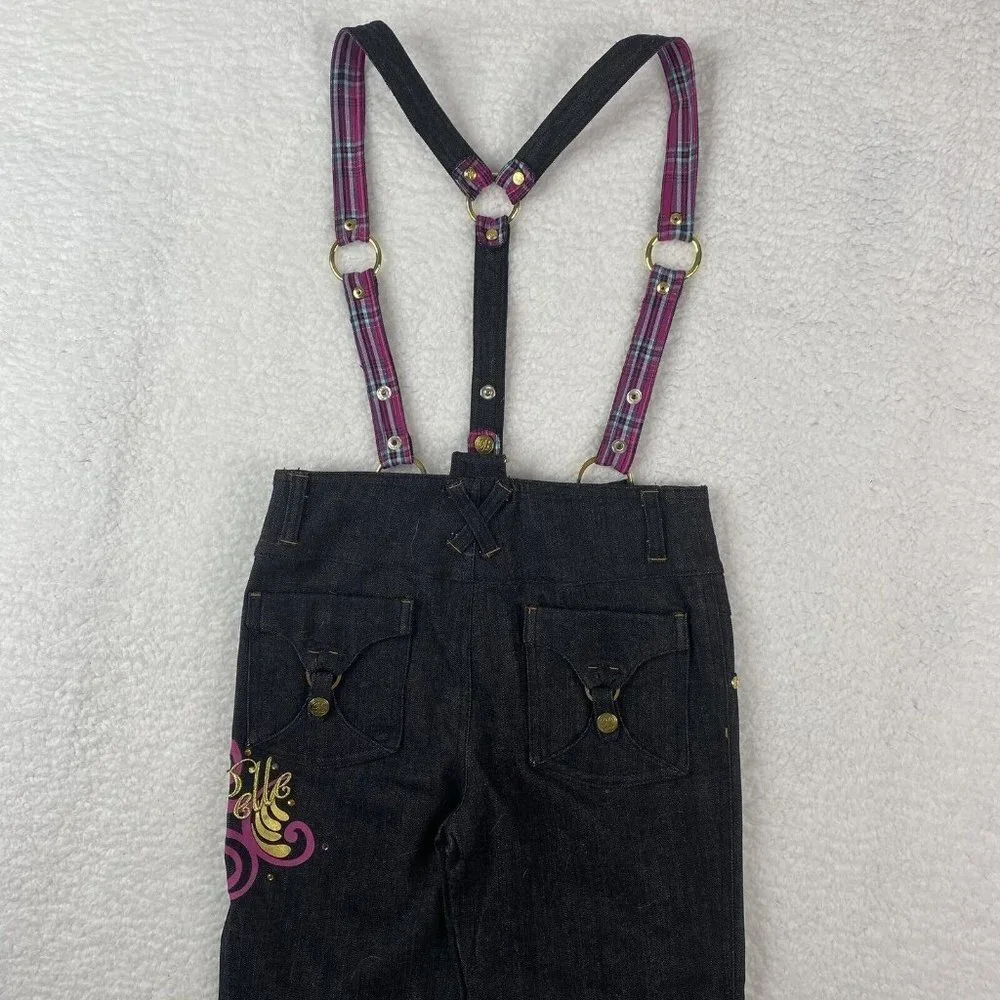 Y2K Pelle Pelle Girls‎ Jeans 10 Black Suspender Embroidered Hip Hop Festival VTG